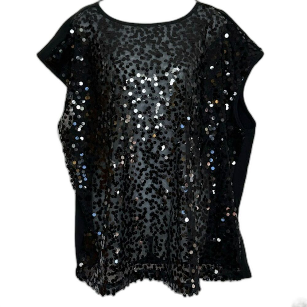 LANE BRYANT BLACK SHEER SEQUIN POPOVER TOP PLUS SIZE 18 NWOT